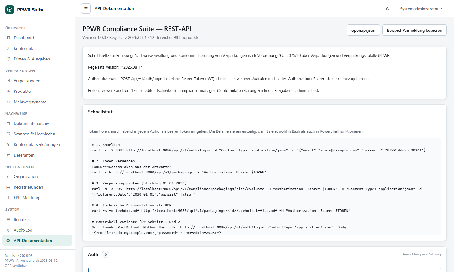 Eingebaute API-Dokumentation mit Schnellstart-Beispielen und nach Bereichen gruppierten Endpunkten