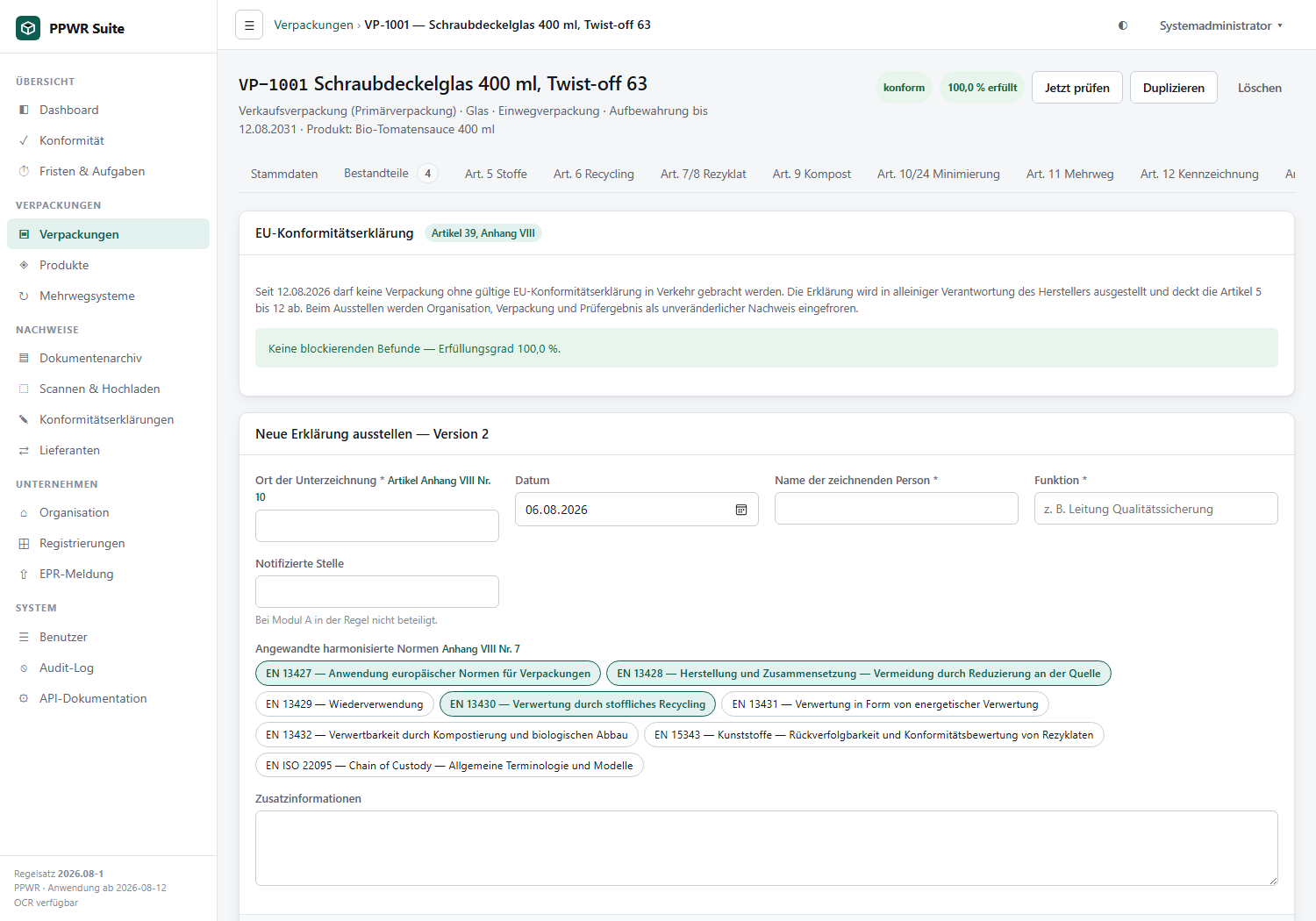 Ansicht zur EU-Konformitätserklärung mit Formular für Ort, Unterzeichner und Normen sowie Liste der bereits ausgestellten Erklärungen
