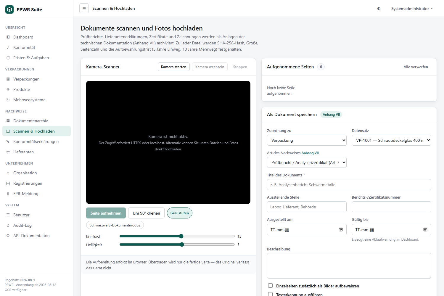 Scanner-Ansicht mit Kamerabereich, Filtern für Graustufen und Kontrast, Seitenliste und Formular zur Zuordnung des Nachweises